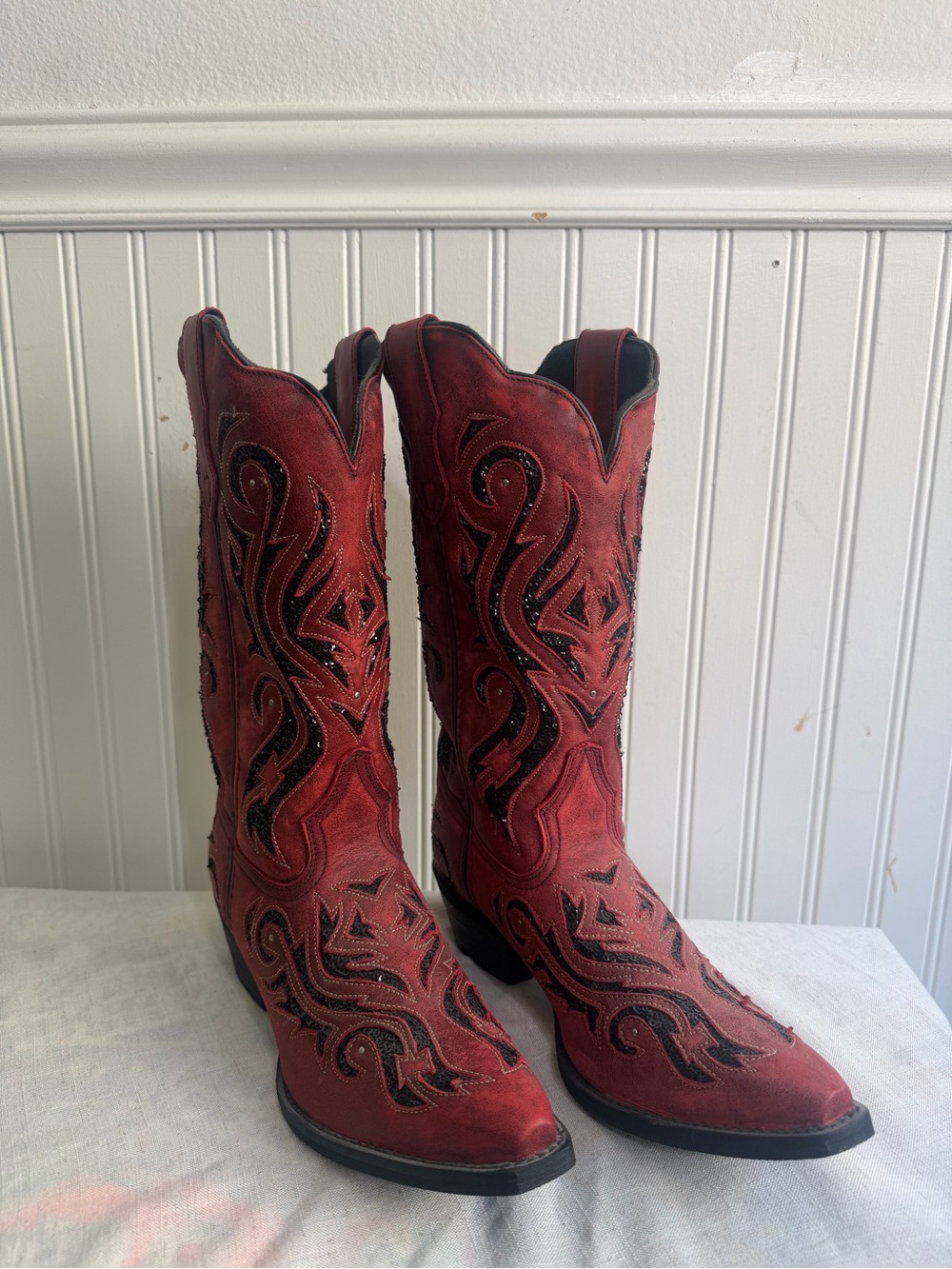 Laredo Red and Black Embroidered Western Heeled Boots